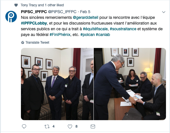 Nos sincères remerciements @gerarddeltell pour la rencontre avec l'équipe #IPFPCLobby, et pour les discussions fructueuses visant l'amélioration aux services publics en ce qui a trait à #équitéfiscale, #soustraitance et système de paye au fédéral #FiniPhénix, etc. #polcan #canlab