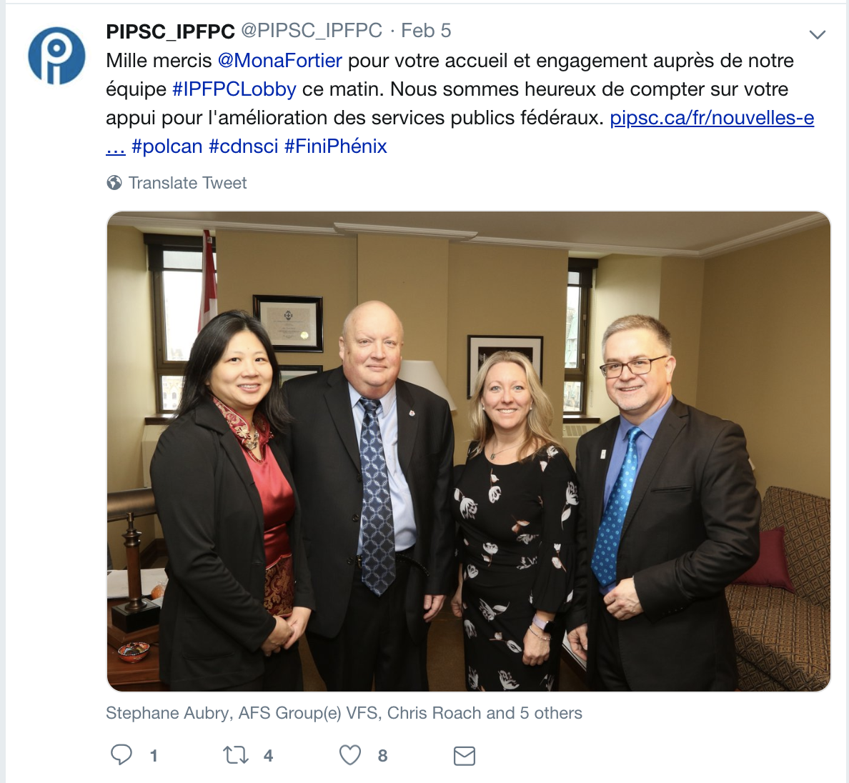 Mille mercis @MonaFortier pour votre accueil et engagement auprès de notre équipe #IPFPCLobby ce matin. Nous sommes heureux de compter sur votre appui pour l'amélioration des services publics fédéraux. https://www.pipsc.ca/fr/nouvelles-et-enjeux/communiques-de-presse/communique-de-presse-lipfpc-sur-la-colline-aidez-la … #polcan #cdnsci #FiniPhénix